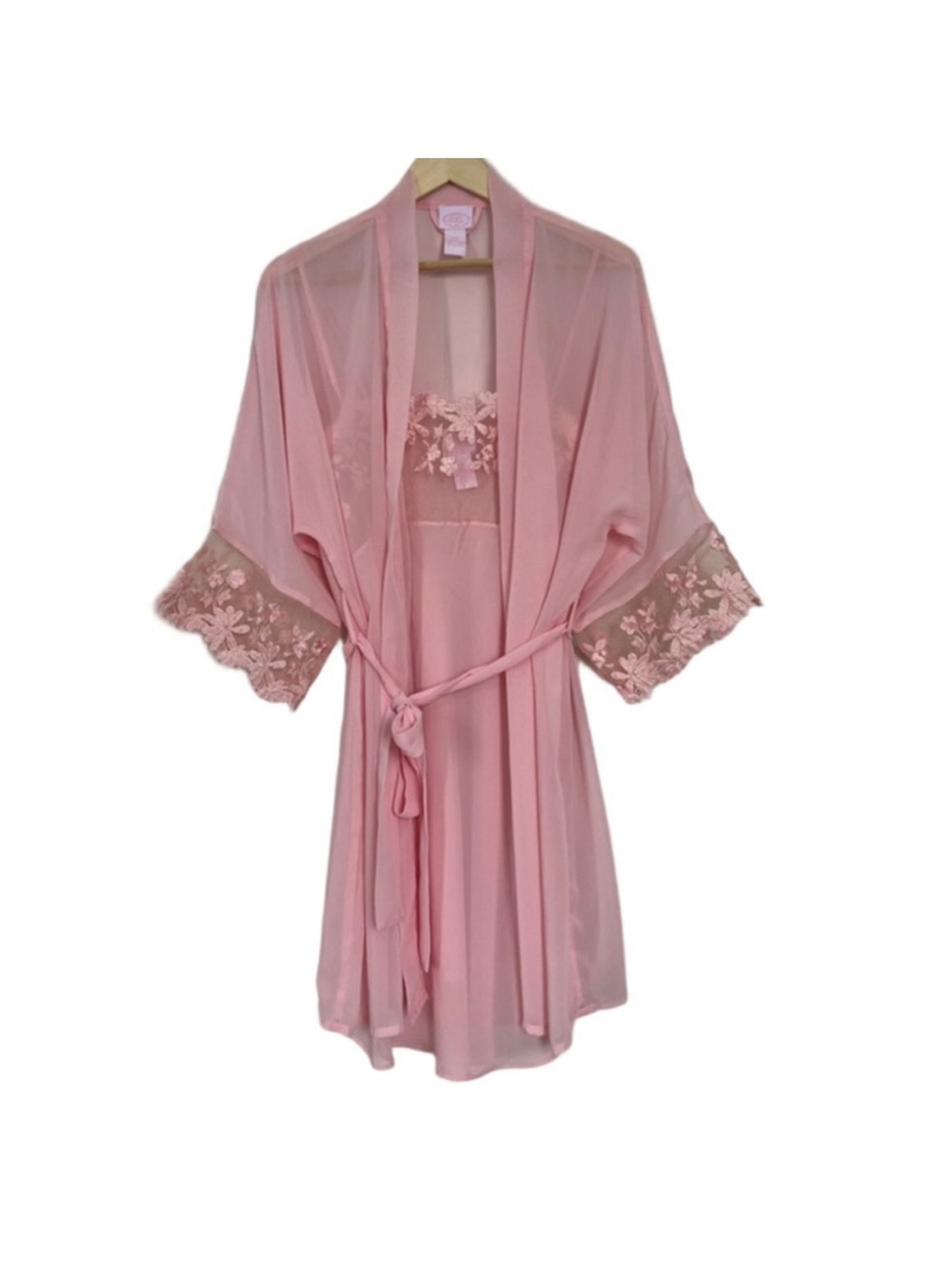 La Vie En Rose Sheer Pink Floral-Trim Robe & Slip